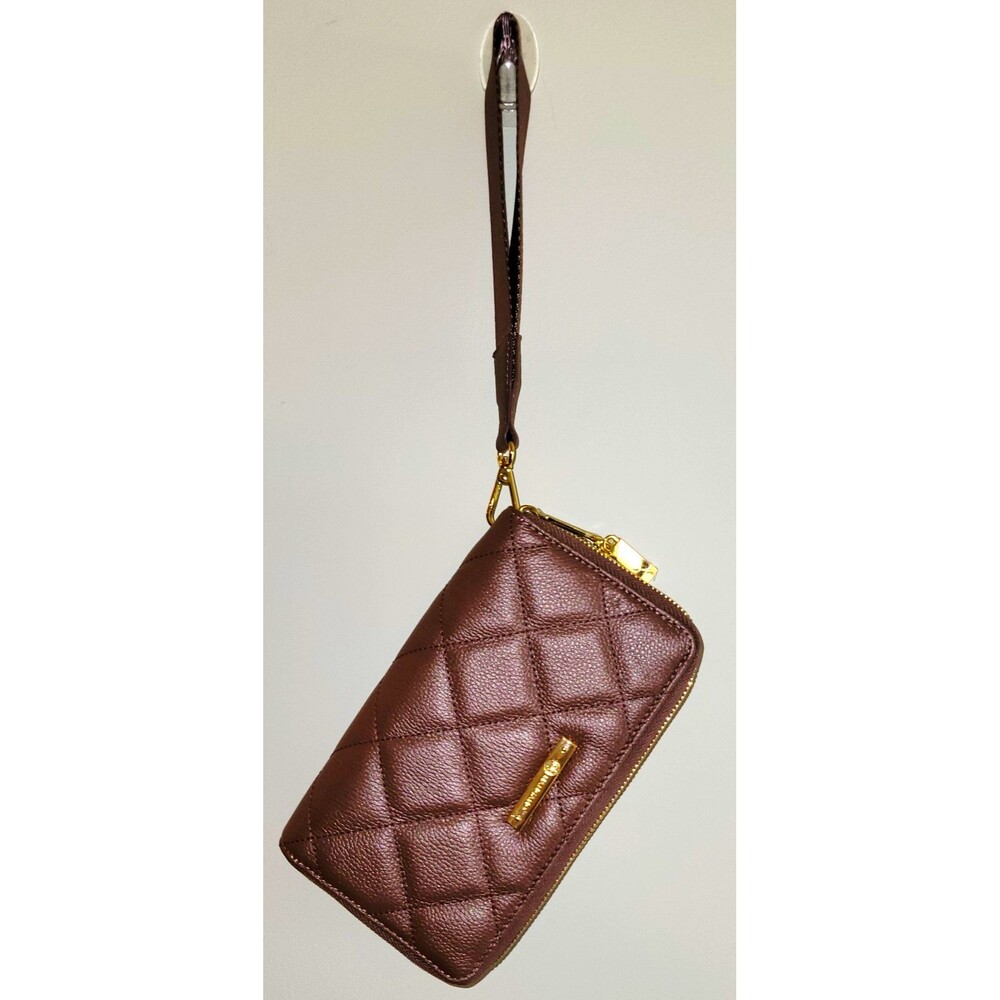 NWOT Joy Mangano Brown Quilted Wristlet Wallet w/ Strap, Credit Card Slots